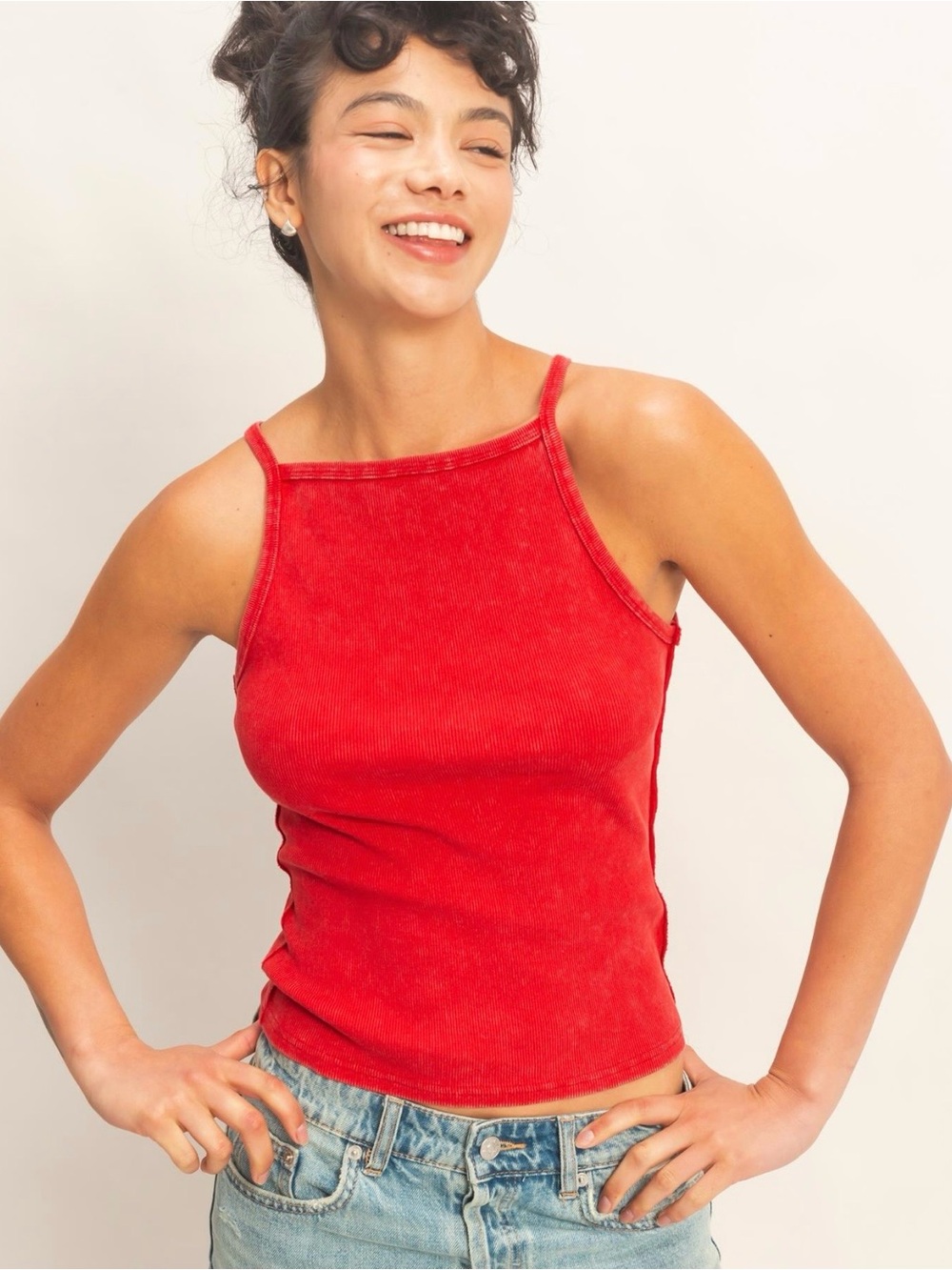 HYFVE Red Ribbed Square-Neck Acid Wash Tank Top